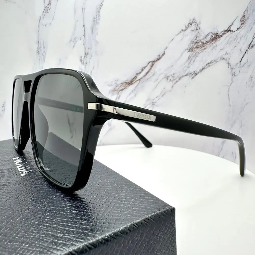 NEW PRADA Sunglasses Black Aviator Pilot 55-17mm Grey Lens Silver Logo